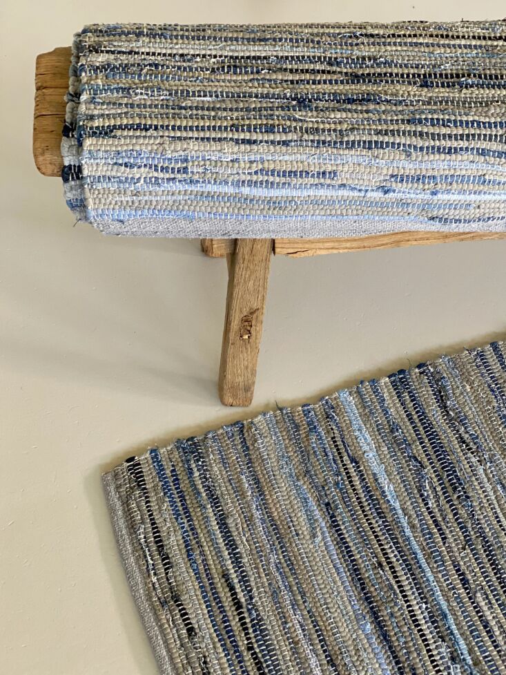 woven from old jeans, recycled denim rugs, measuring approximately 60 by 90 cen 10