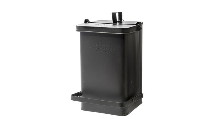 puebco&#8\2\17;s workhorse black step trash can is made of steel; \$\180 fr 14